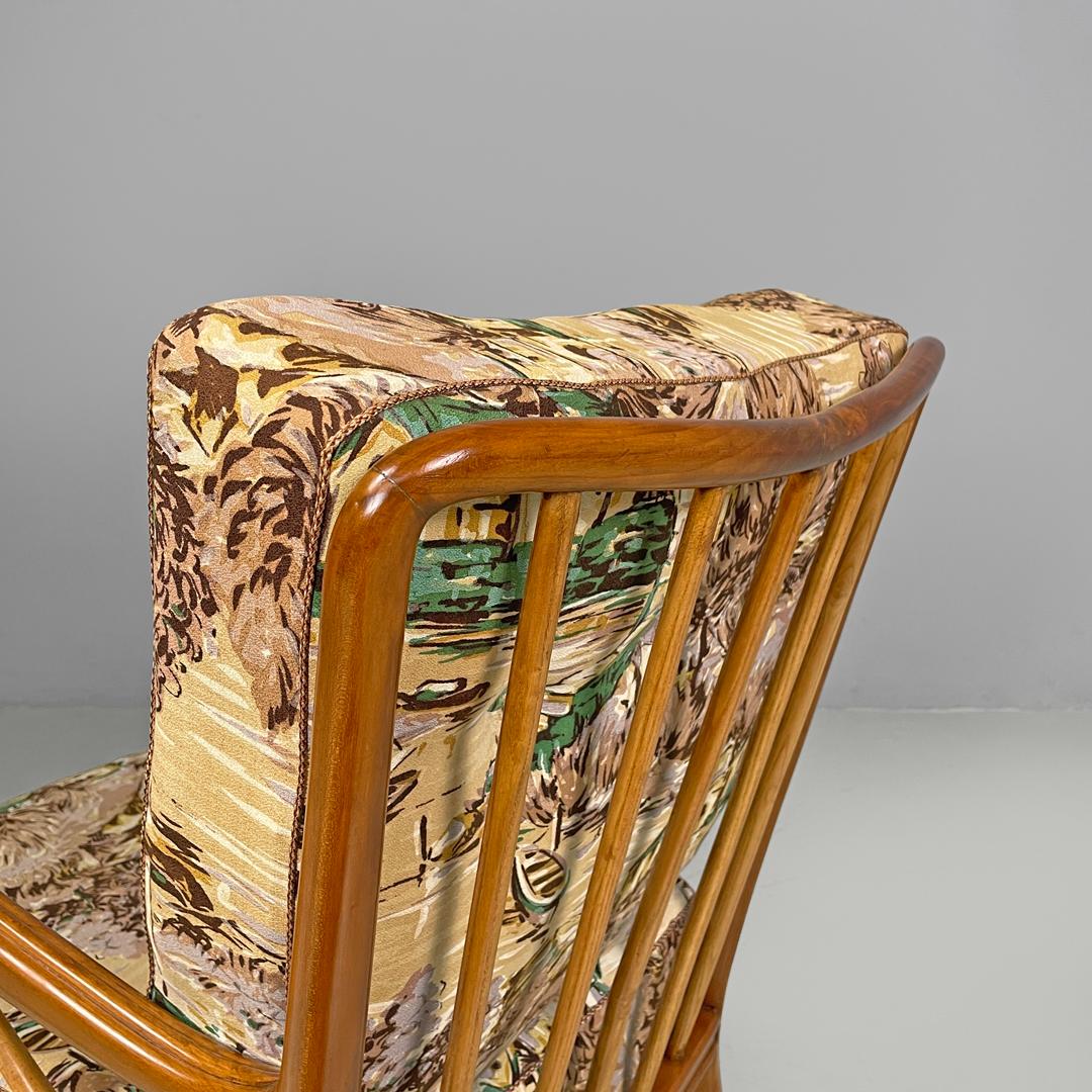Italian mid-century modern wooden armchairs with brown decorated fabric, 1960s For Sale 4