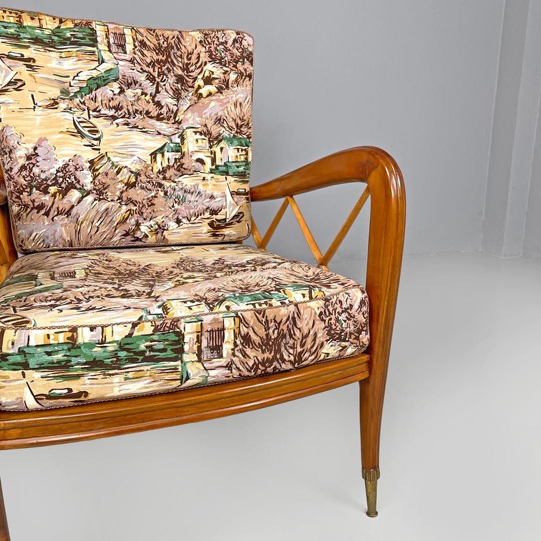 Italian mid-century modern wooden armchairs with brown decorated fabric, 1960s For Sale 7