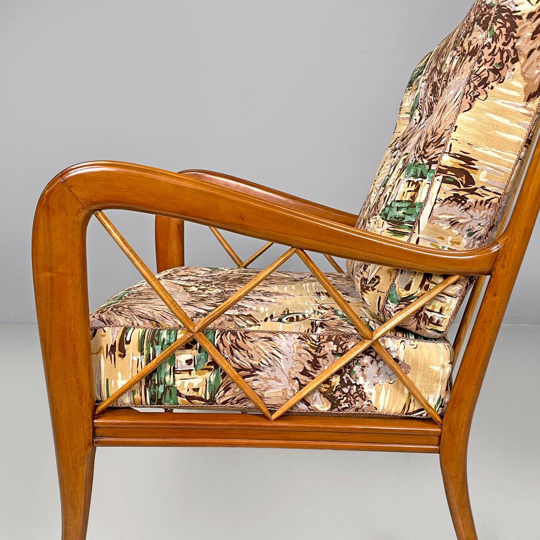 Italian mid-century modern wooden armchairs with brown decorated fabric, 1960s For Sale 8