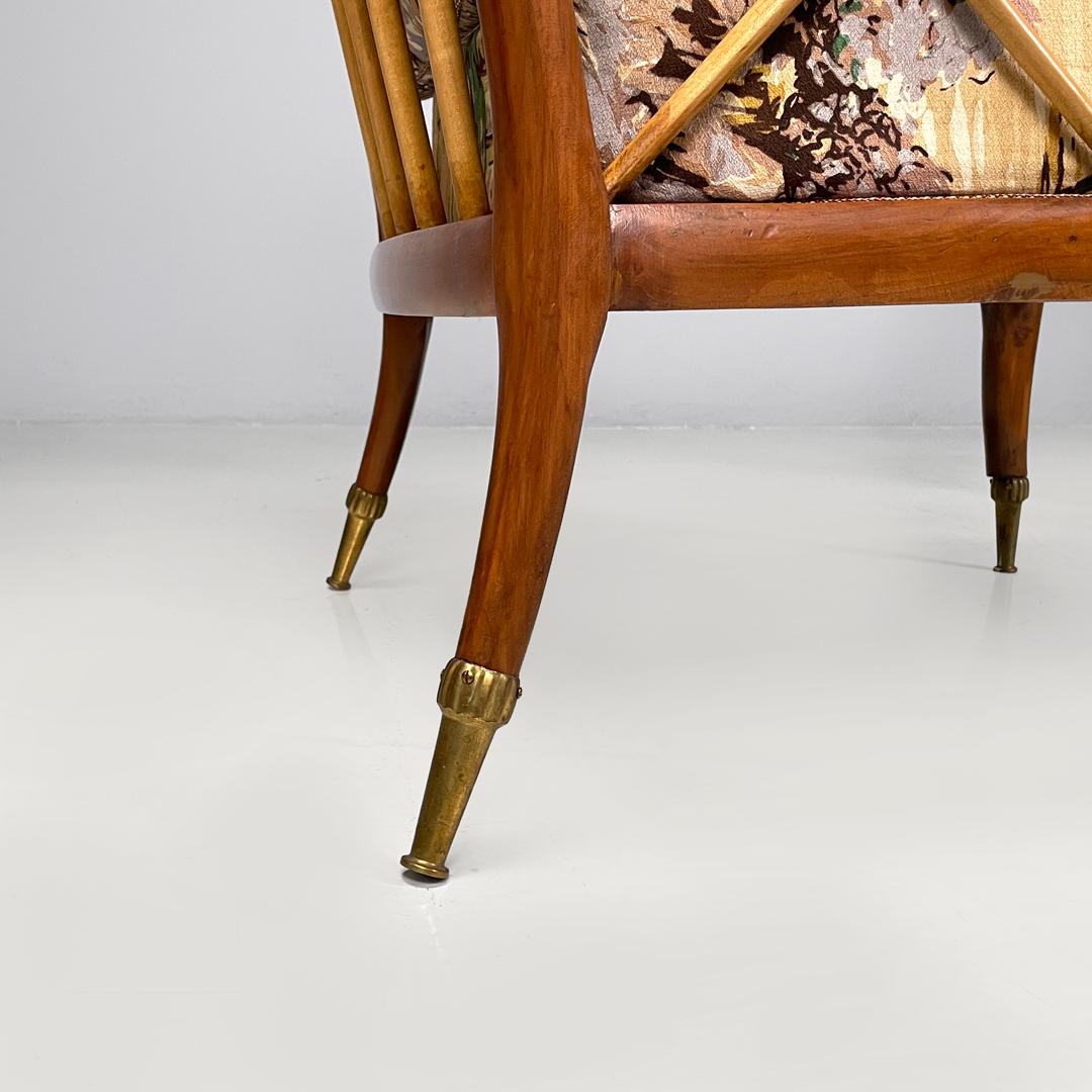 Italian mid-century modern wooden armchairs with brown decorated fabric, 1960s For Sale 10