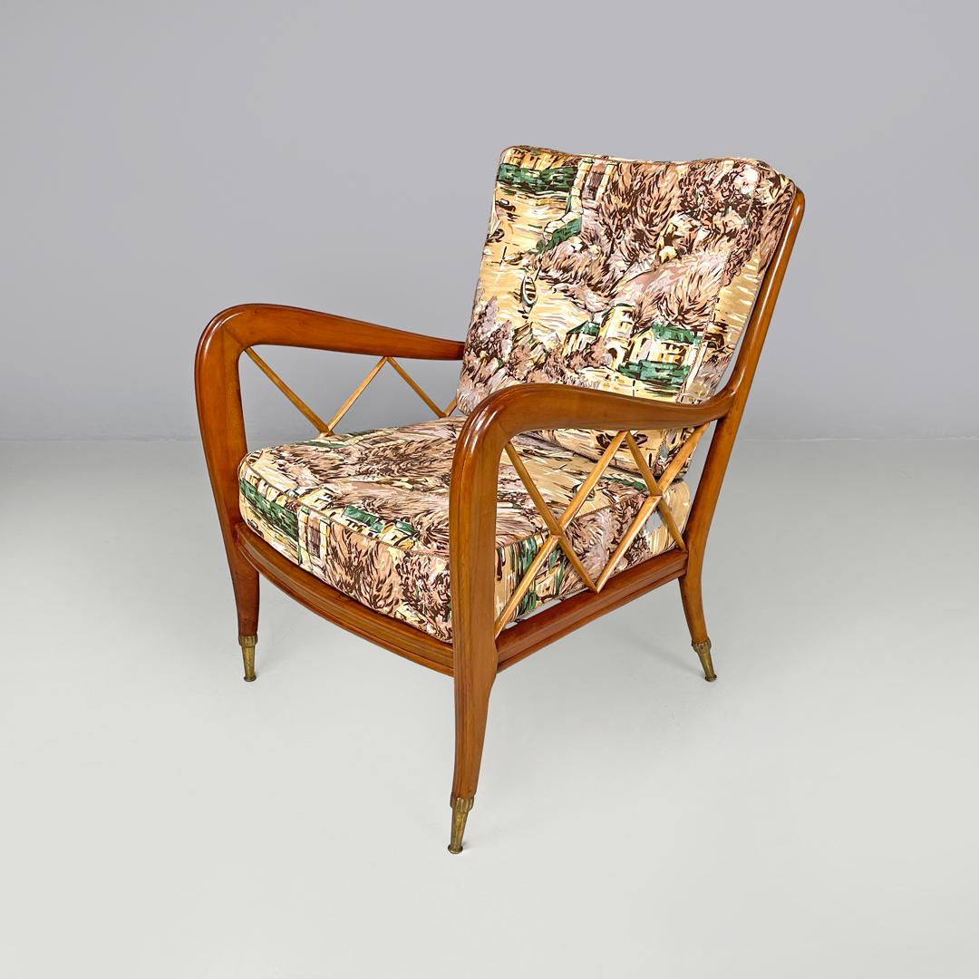 Mid-Century Modern Italian mid-century modern wooden armchairs with brown decorated fabric, 1960s For Sale