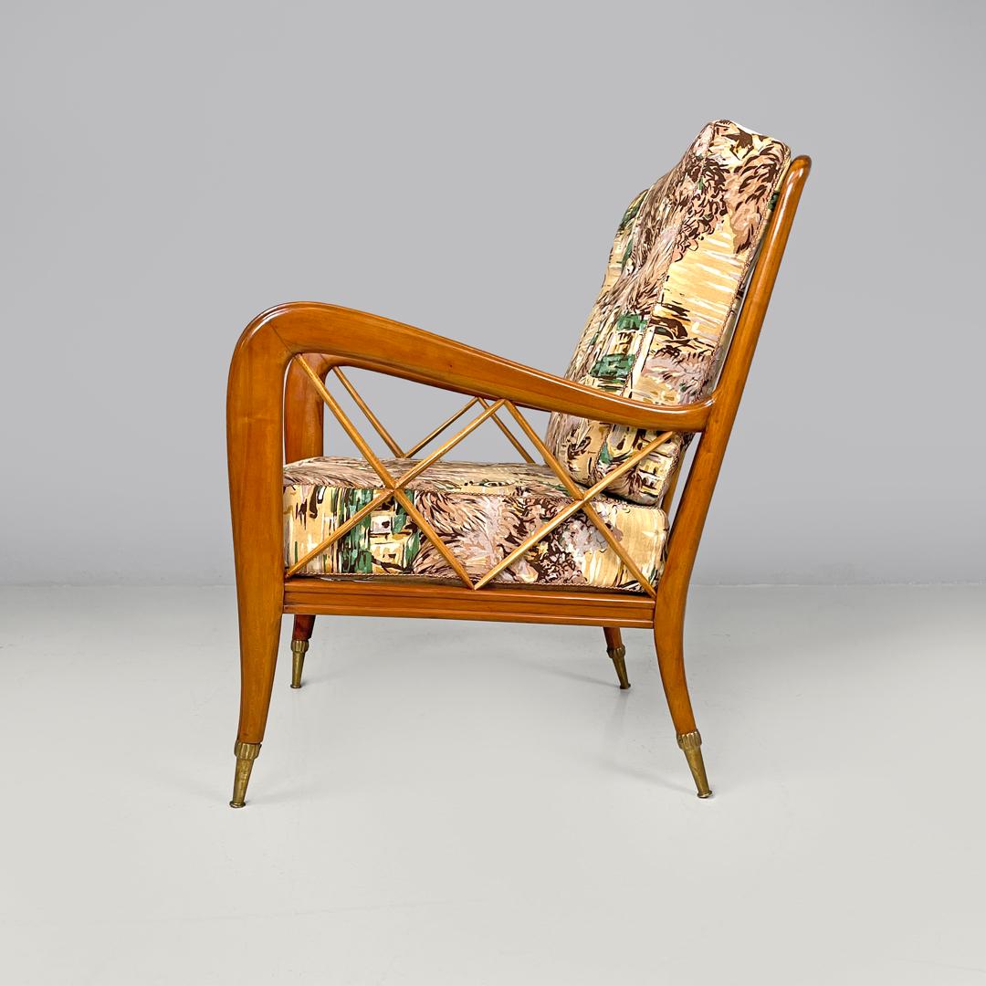 Mid-20th Century Italian mid-century modern wooden armchairs with brown decorated fabric, 1960s For Sale