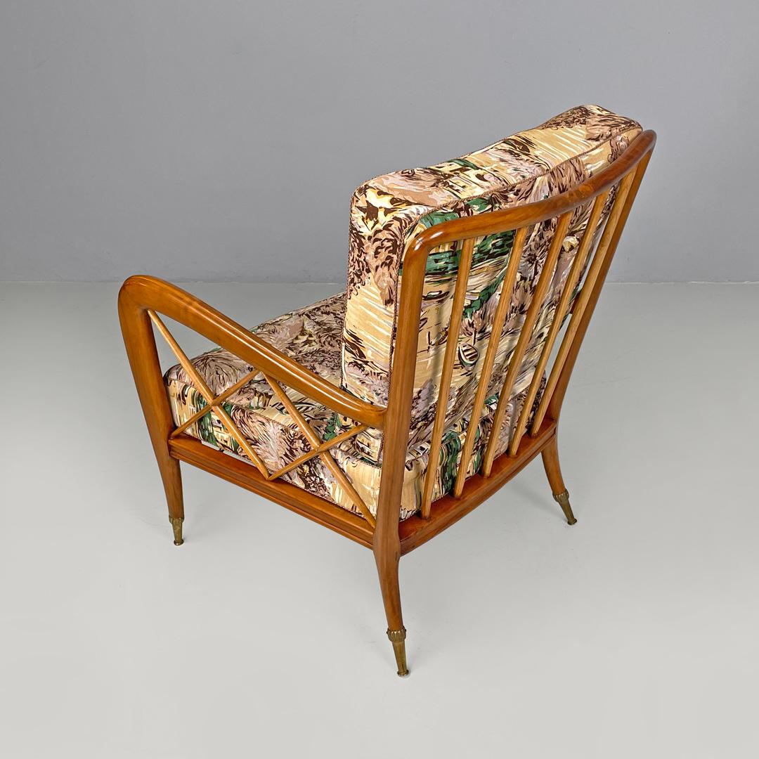 Brass Italian mid-century modern wooden armchairs with brown decorated fabric, 1960s For Sale