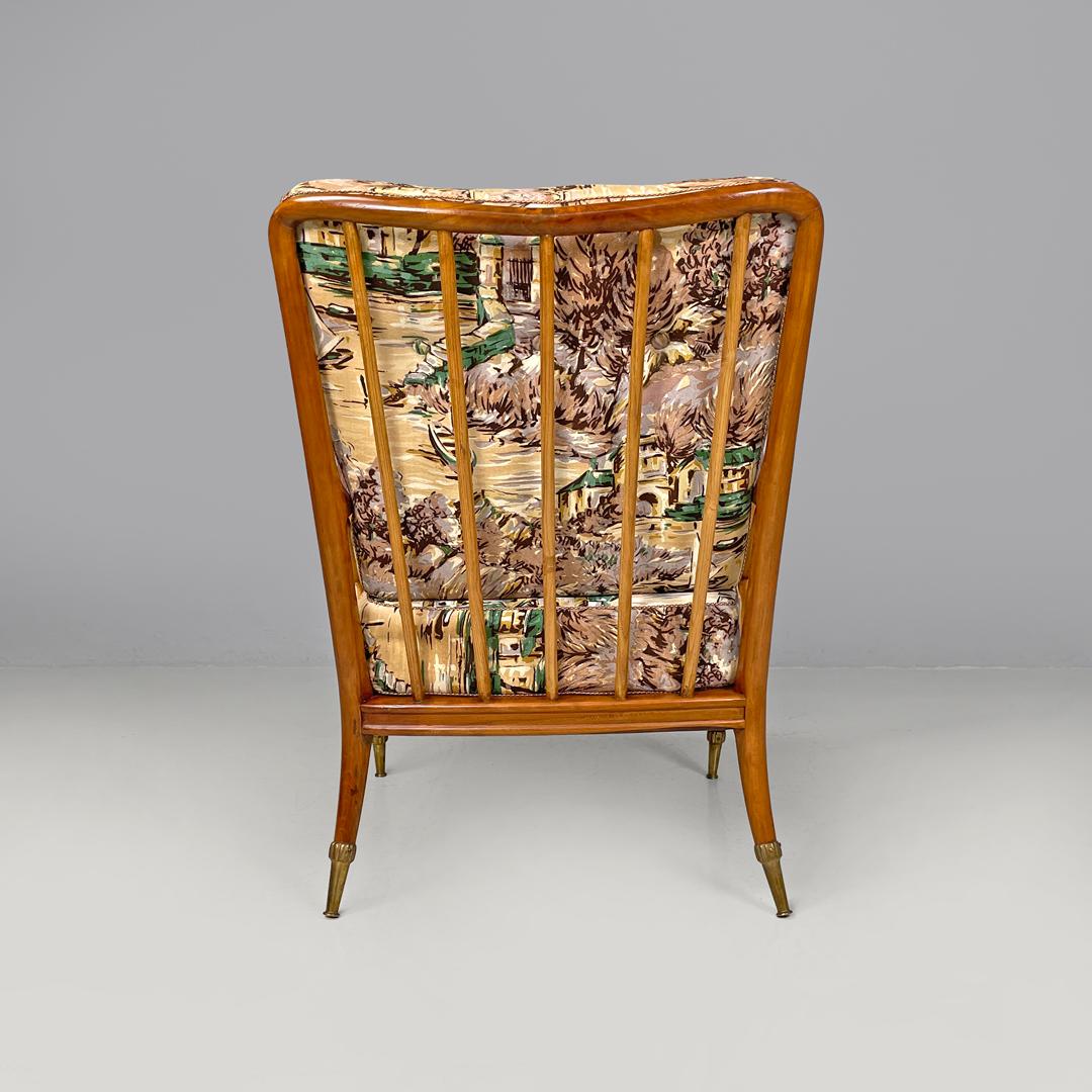 Italian mid-century modern wooden armchairs with brown decorated fabric, 1960s For Sale 1
