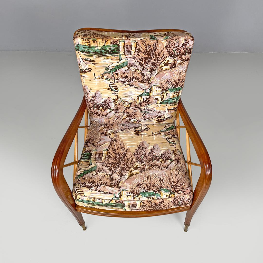 Italian mid-century modern wooden armchairs with brown decorated fabric, 1960s For Sale 2