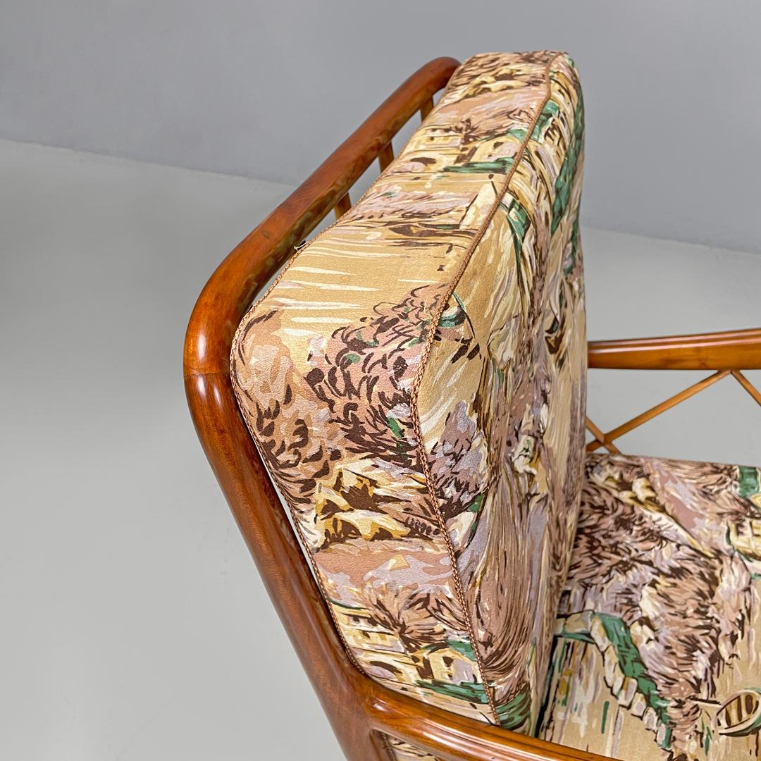 Italian mid-century modern wooden armchairs with brown decorated fabric, 1960s For Sale 3