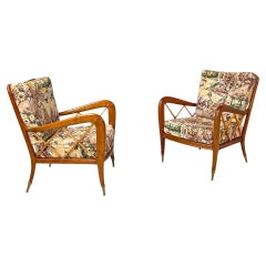 Italian mid-century modern wooden armchairs with brown decorated fabric, 1960s