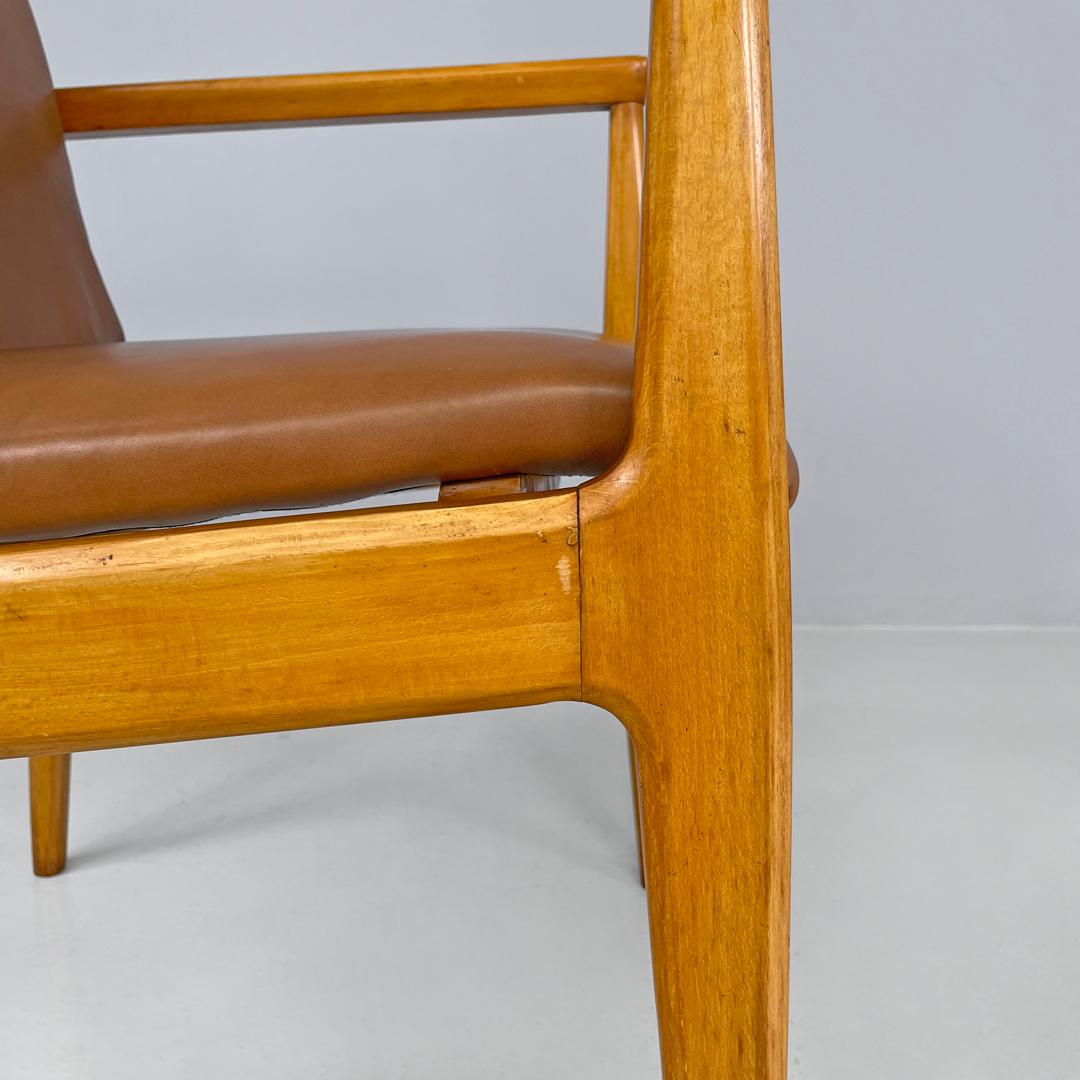 Italian mid-century modern wooden brown leather armchair Anonima Castelli 1960s 4