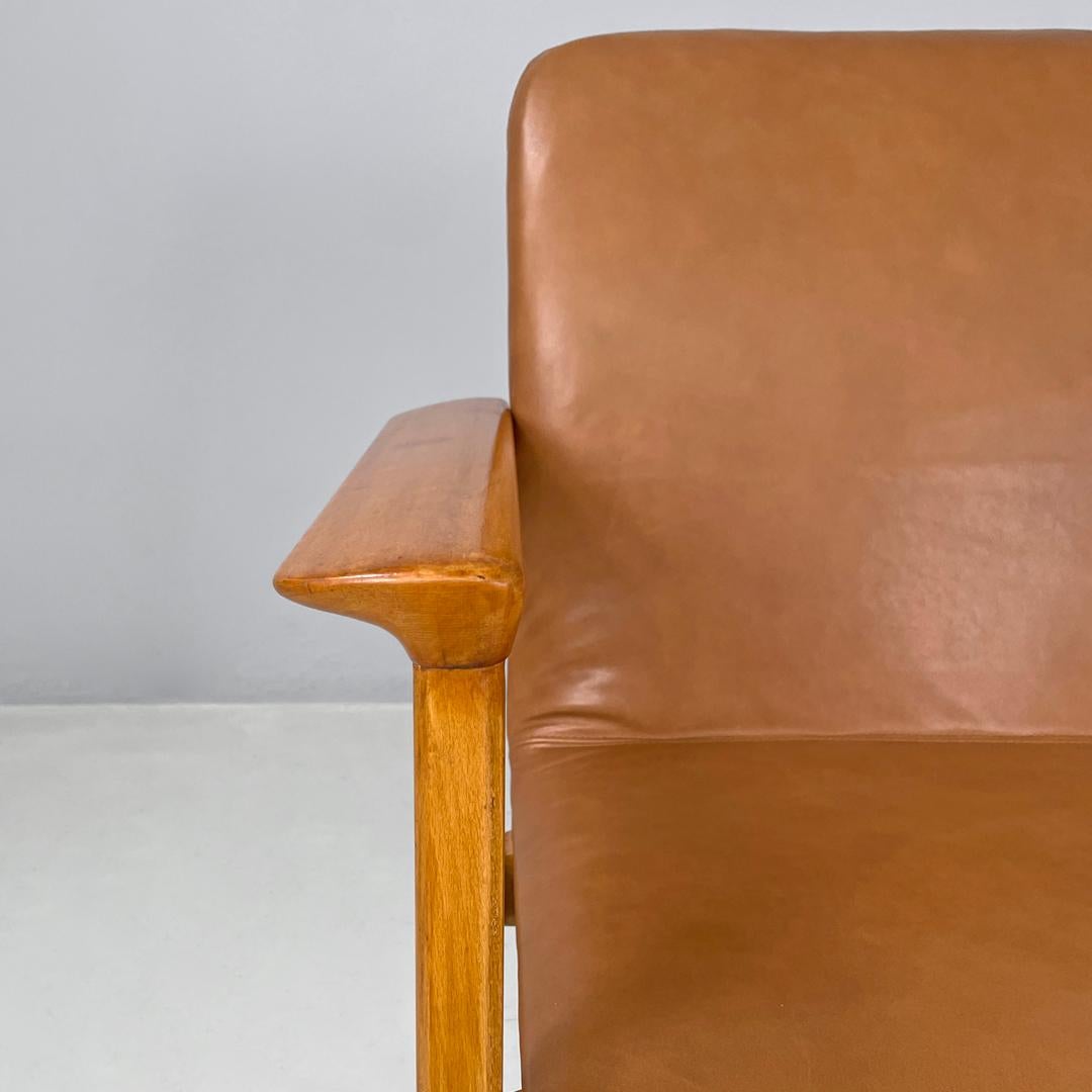 Italian mid-century modern wooden brown leather armchair Anonima Castelli 1960s 7