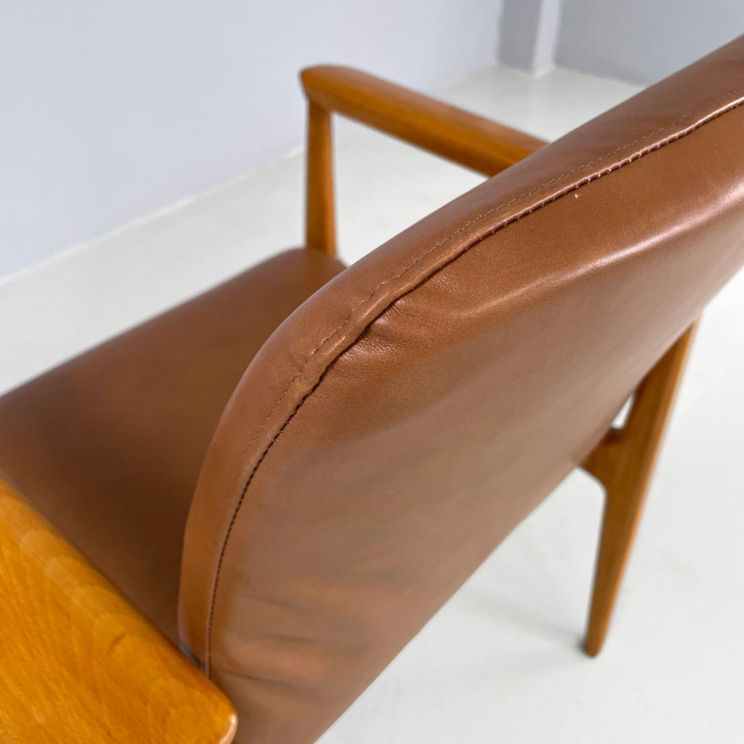 Italian mid-century modern wooden brown leather armchair Anonima Castelli 1960s 8