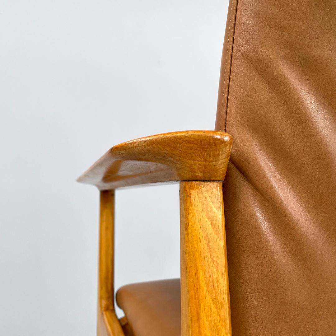 Italian mid-century modern wooden brown leather armchair Anonima Castelli 1960s 9