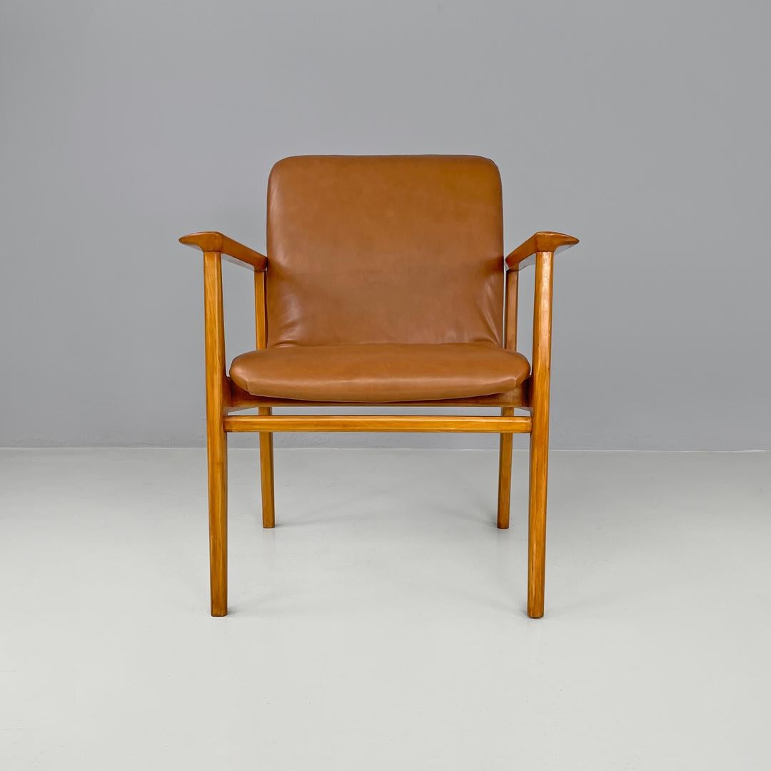 Mid-Century Modern Italian mid-century modern wooden brown leather armchair Anonima Castelli 1960s