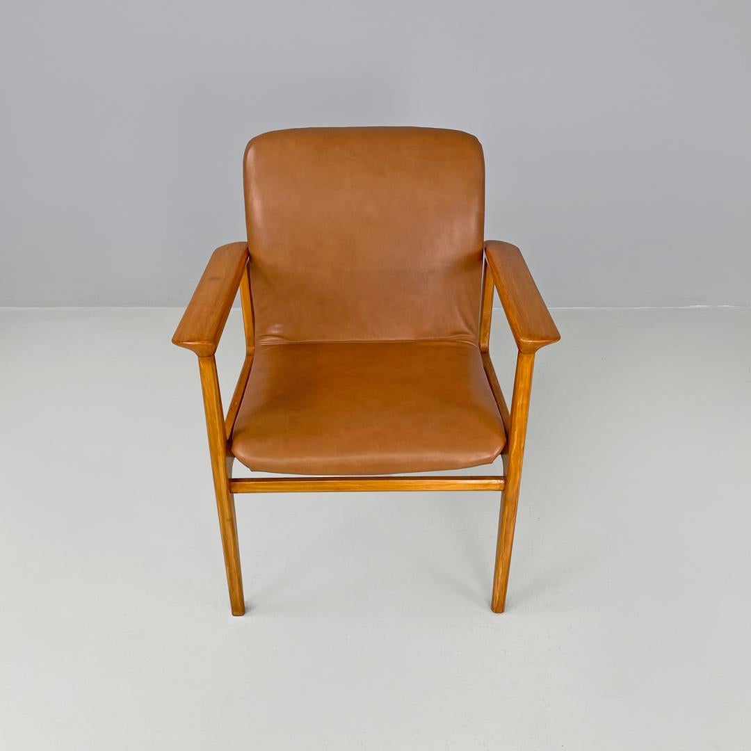 Italian mid-century modern wooden brown leather armchair Anonima Castelli 1960s 1