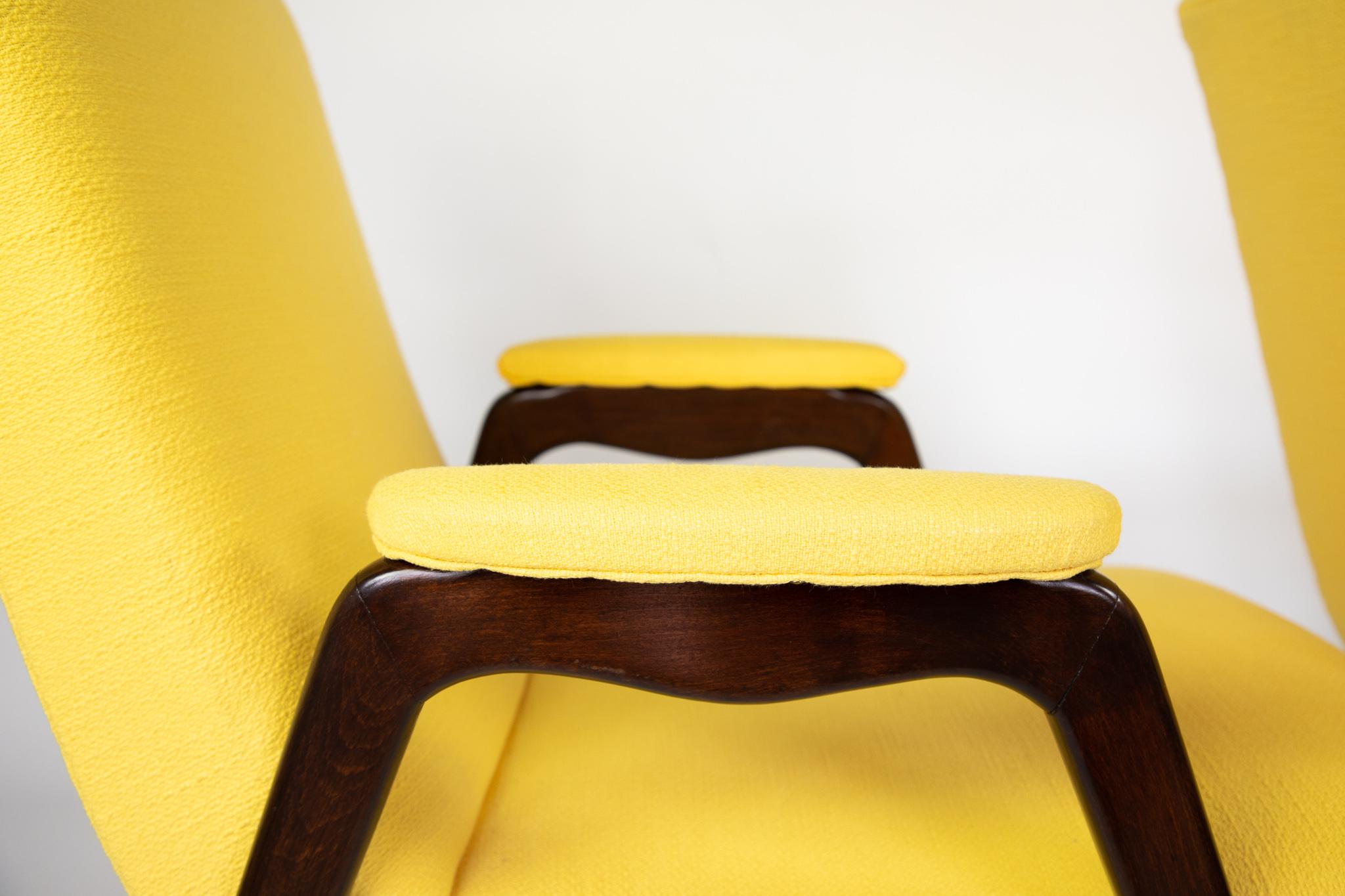 Italian Mid Century Modern Wooden Lounge Chairs in Yellow Upholstery, Italy 1950s