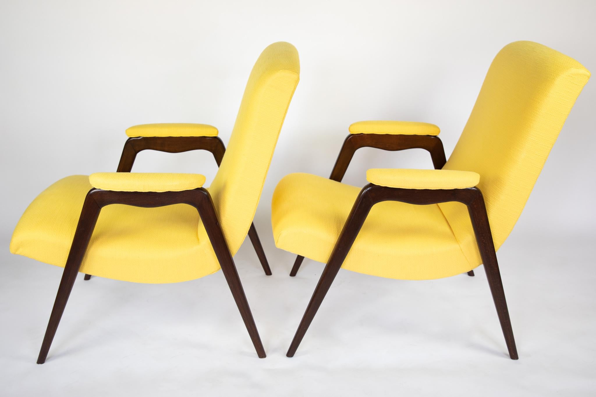 Mid Century Modern Wooden Lounge Chairs in Yellow Upholstery, Italy 1950s 1