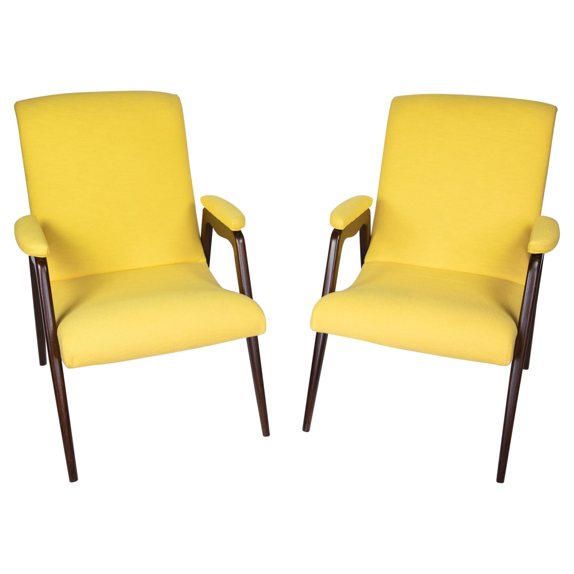 Mid Century Modern Wooden Lounge Chairs in Yellow Upholstery, Italy 1950s