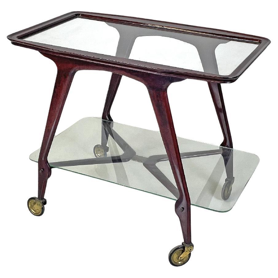 Italian mid-century modern wooden cart two glass tops and brass wheels, 1950s For Sale