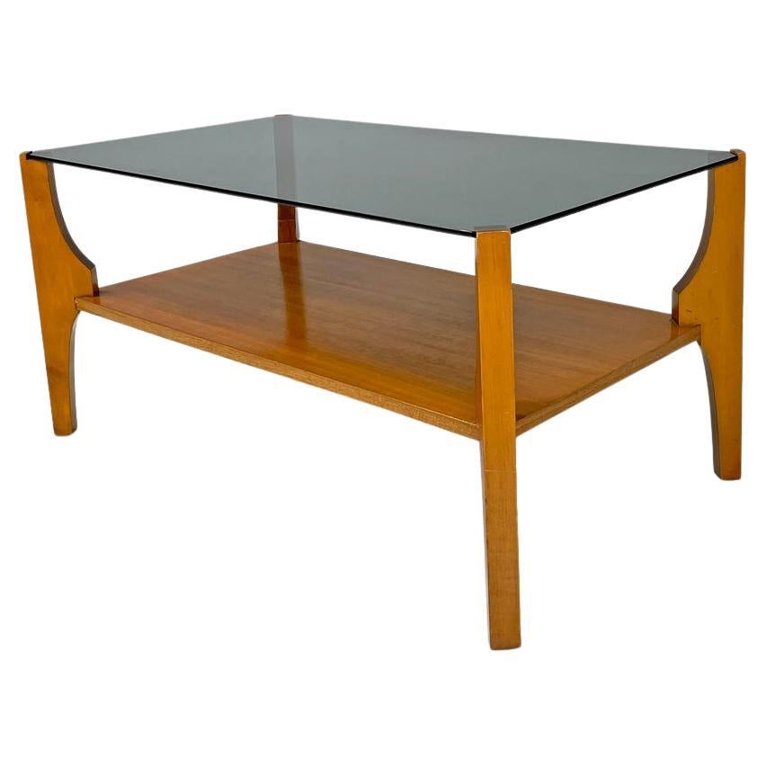 Italian mid-century modern wooden coffee table with smoked grey glass top, 1960s For Sale