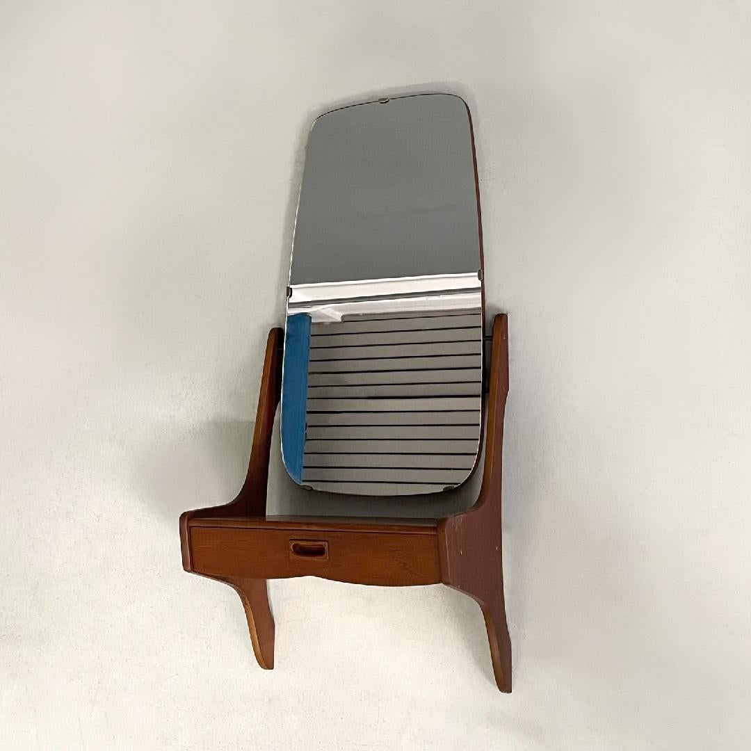Mid-Century Modern Italian mid-century modern wooden console wall round mirror with drawer, 1960s