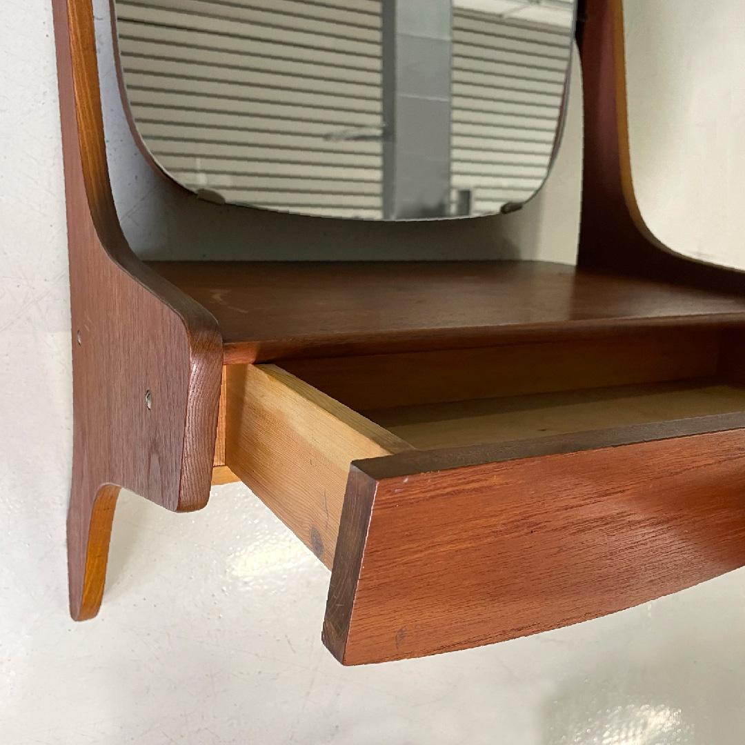Italian mid-century modern wooden console wall round mirror with drawer, 1960s 3