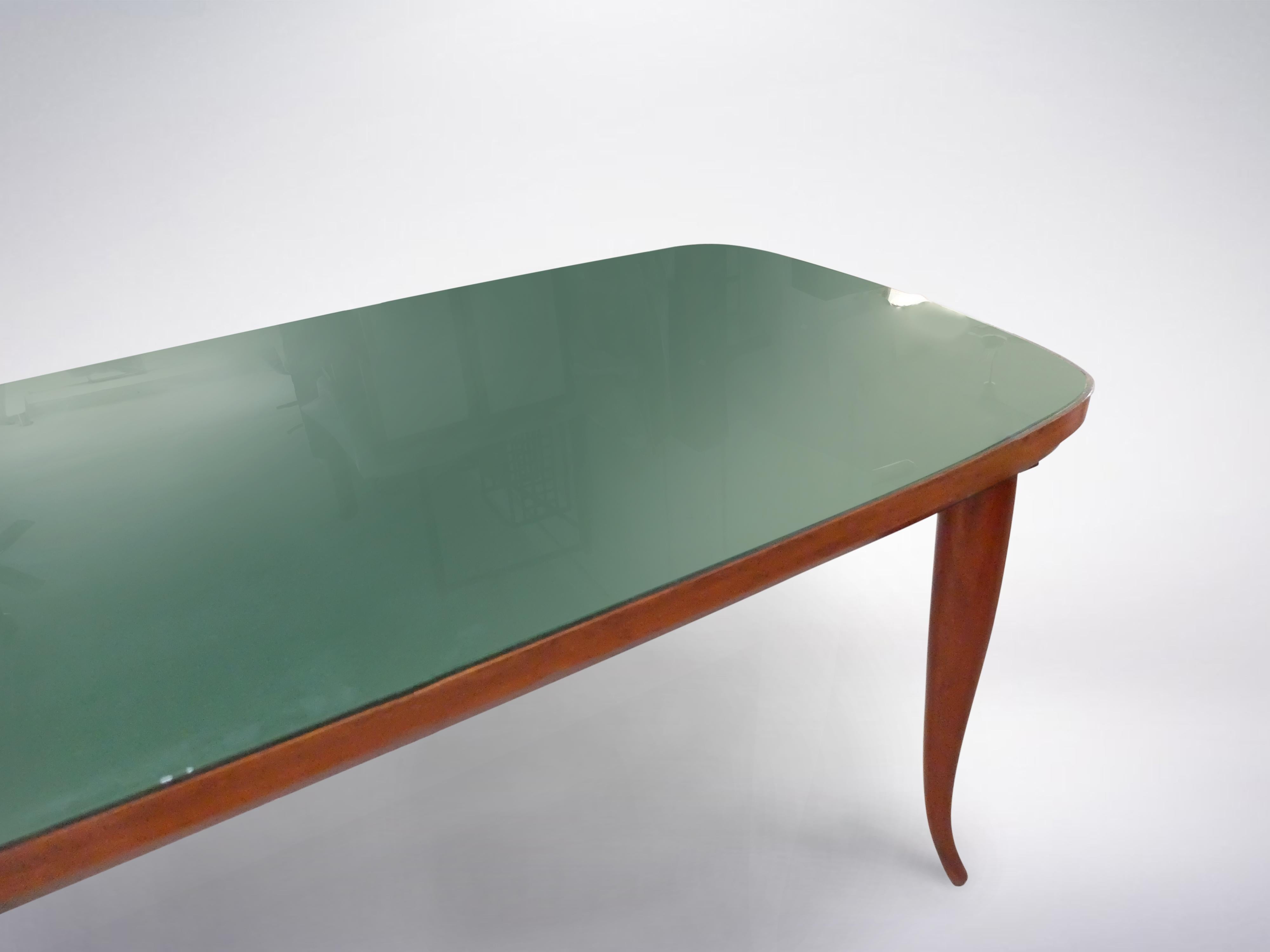 Italian Mid-Century Modern Wooden Dining Table with Green Glass Top, circa 1950 In Good Condition For Sale In Milan, IT