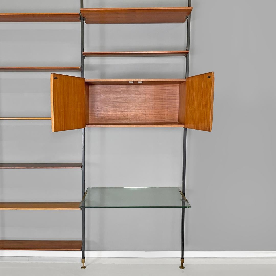 Italian mid-century modern wooden floor-to-ceiling bookcase with glass top 1960s 1