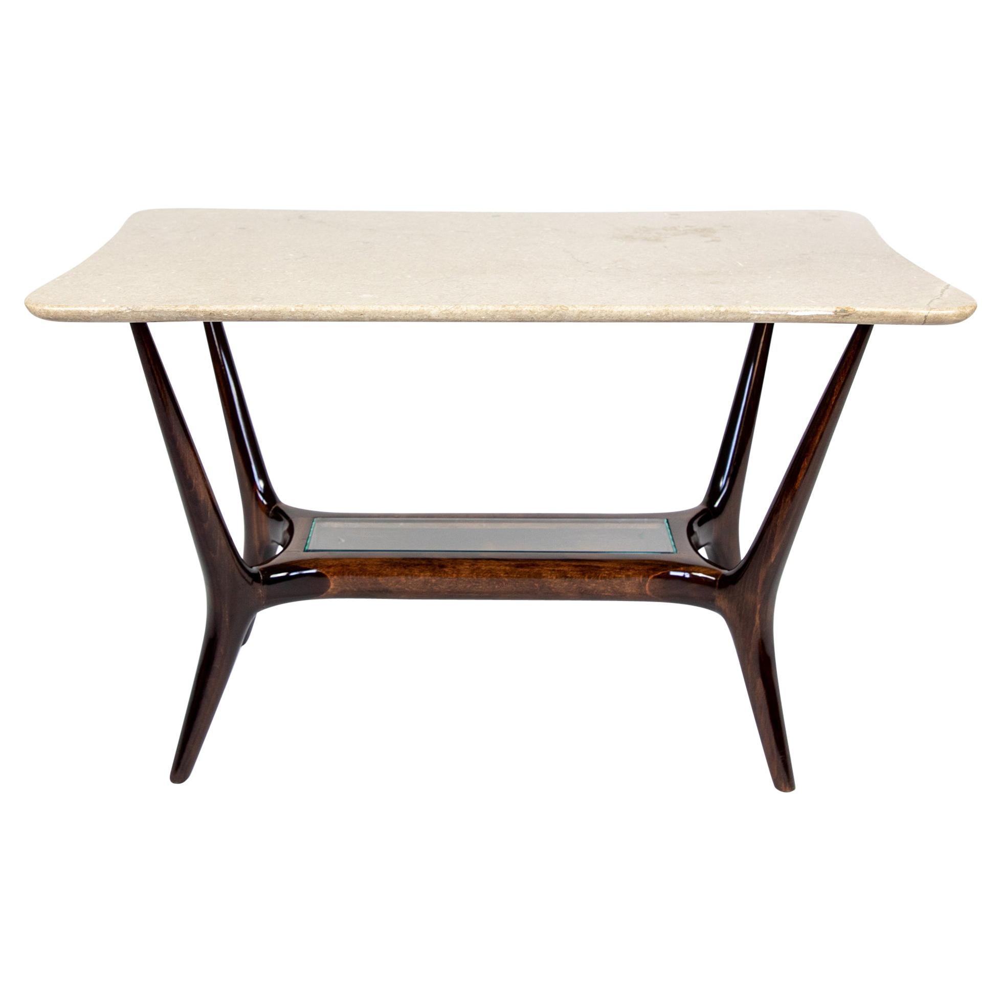 Italian Coffee Table with a Marble Top and Laquered Mahogany Wood, 1950s 