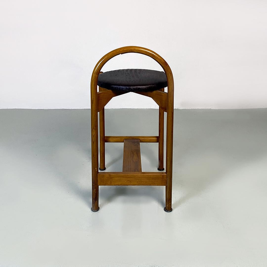 Italian mid century modern wooden structure & faux leather seat high stool 1970s For Sale 5