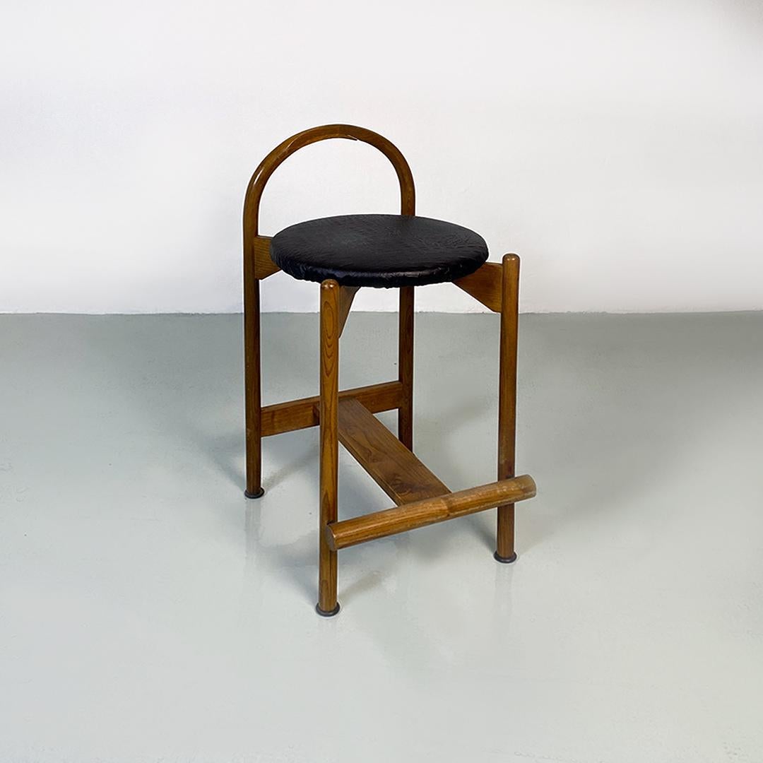 Italian mid century modern wooden structure & faux leather seat high stool 1970s For Sale 7
