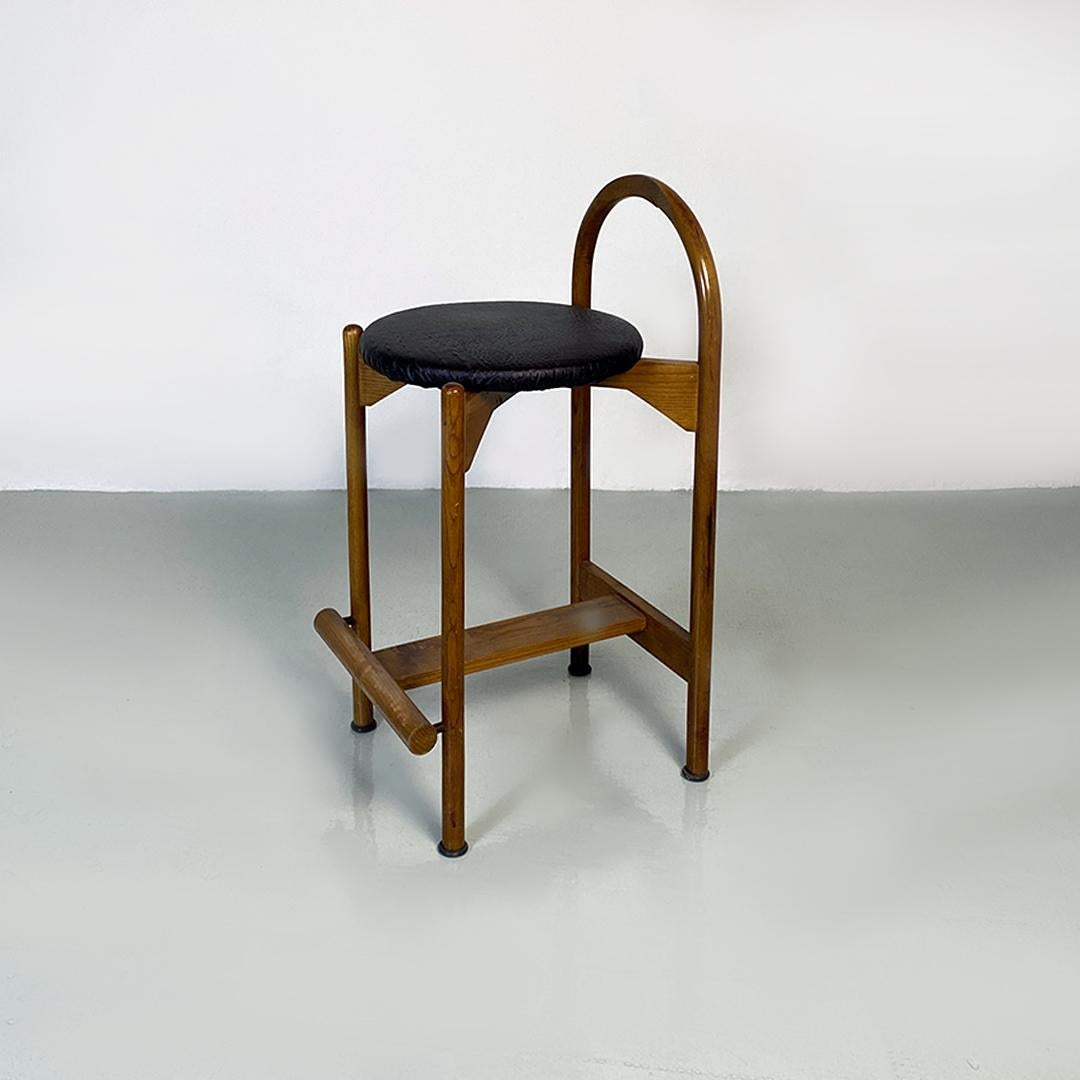 Italian mid century modern wooden structure & faux leather seat high stool 1970s For Sale 1