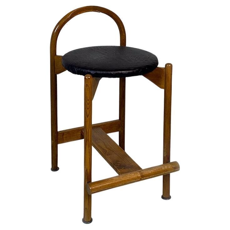 Italian mid century modern wooden structure & faux leather seat high stool 1970s For Sale
