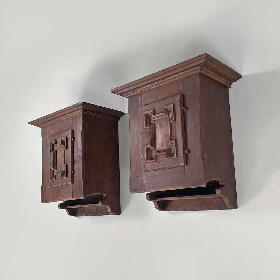 Mid-20th Century Italian mid-century modern wooden wall nightstands with decorated doors, 1960s For Sale