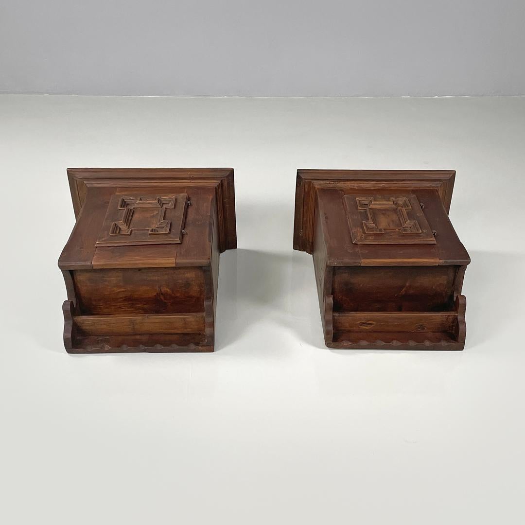 Wood Italian mid-century modern wooden wall nightstands with decorated doors, 1960s For Sale