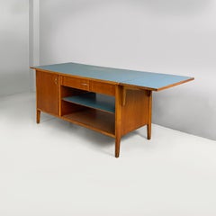 Mesa de trabajo italiana de mediados de siglo en madera y fórmica azul, años 50