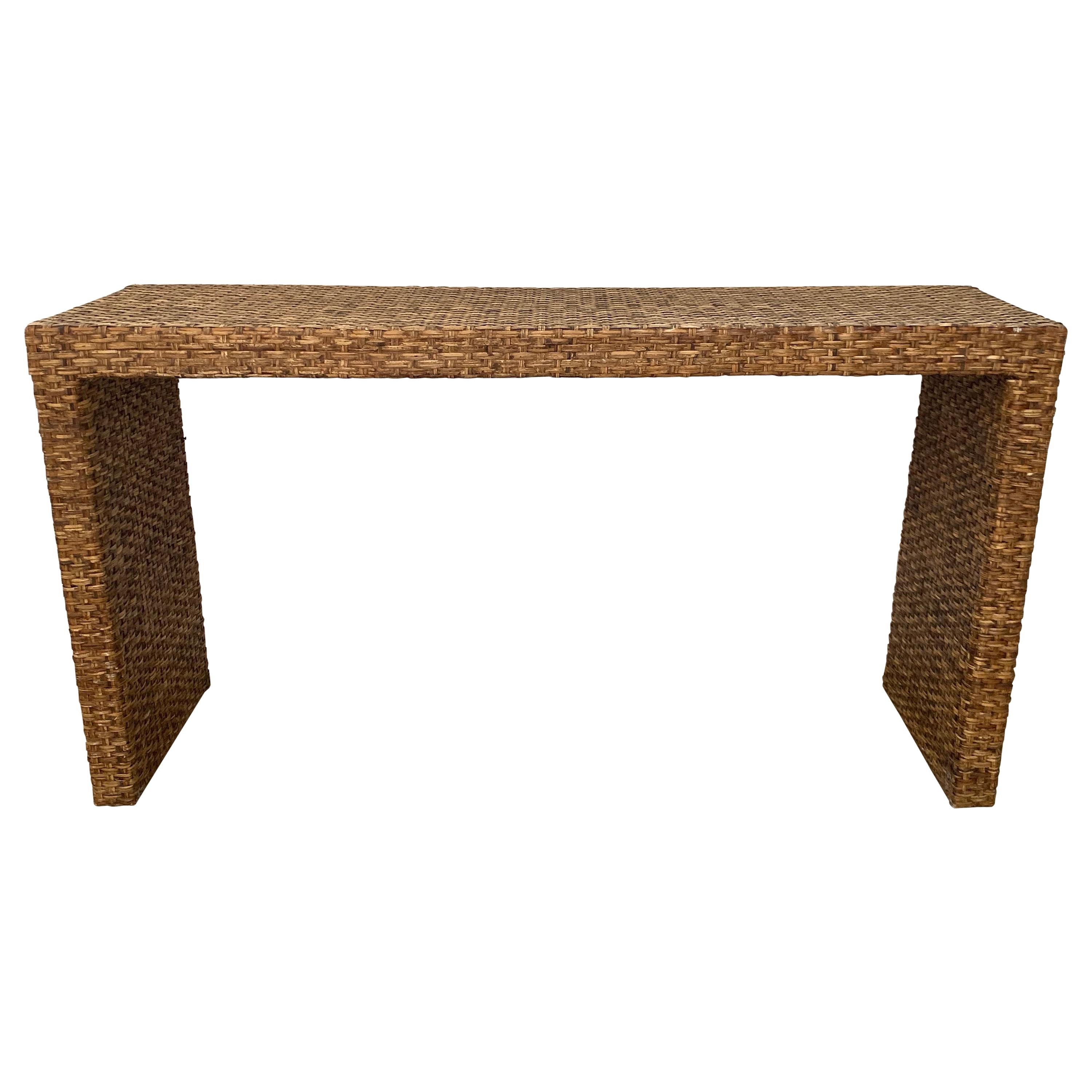 Italian Mid-Century Modern Woven Wicker Parsons Waterfall Console, Italy, 1970s For Sale