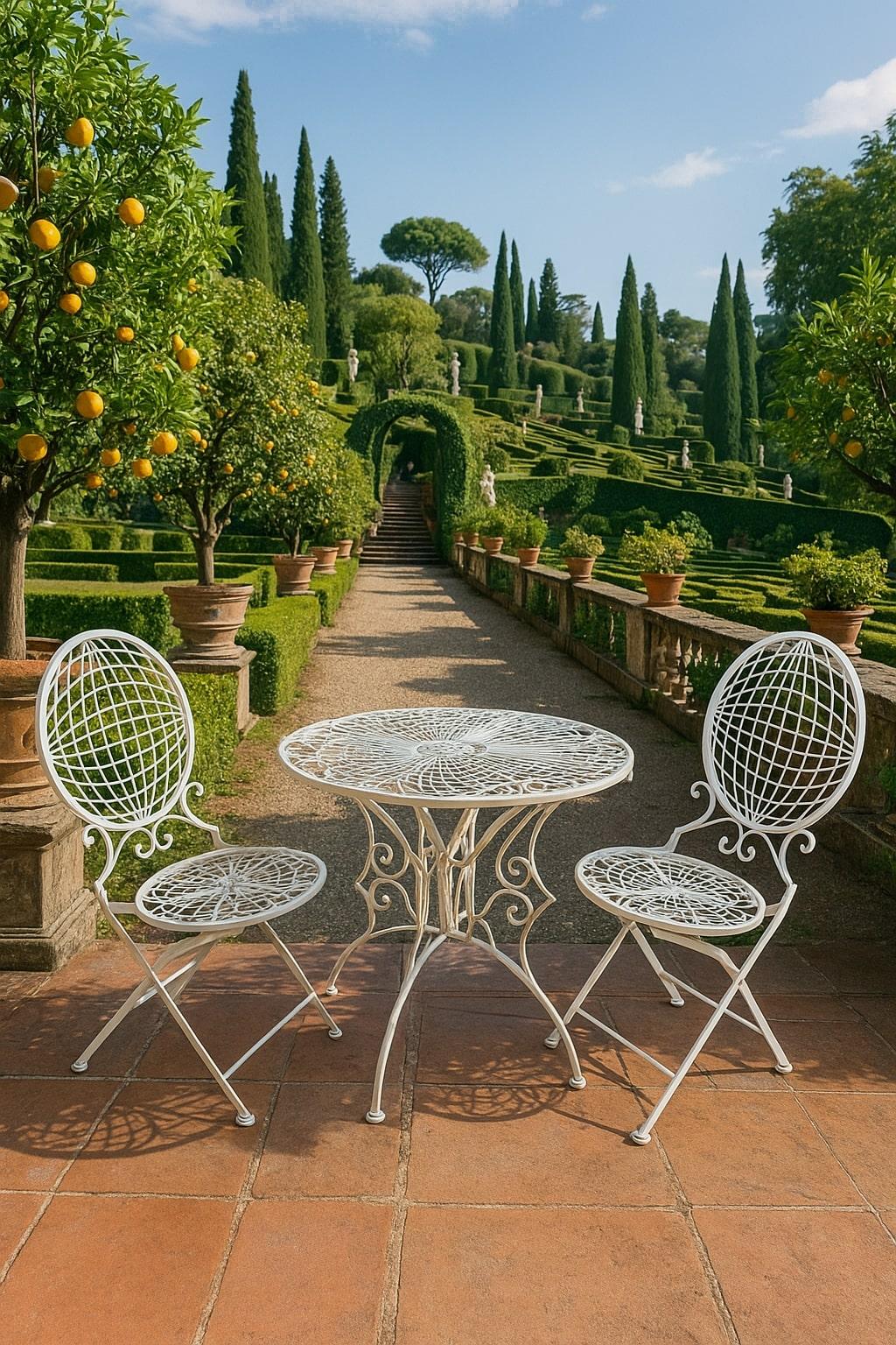 Ein wunderschön gestaltetes italienisches, schmiedeeisernes Bistro-Set aus der Mitte des Jahrhunderts, das aus den 1970er Jahren stammt und eine außergewöhnliche Mischung aus skulpturaler Geometrie und handgeformten Metallarbeiten aufweist. Das Set