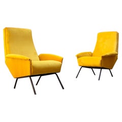 Italian Mid-Century Modern Yellow Velvet Armchairs with Black Metal Legs, 1960s