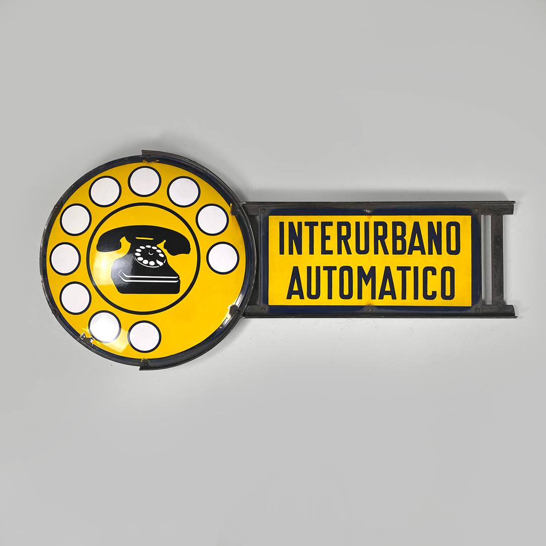 Italian mid-century modern yellow white black telephone metal sign, 1960s
Double-sided sign in yellow, black and white enamelled metal. The elongated rectangular part has the writing 