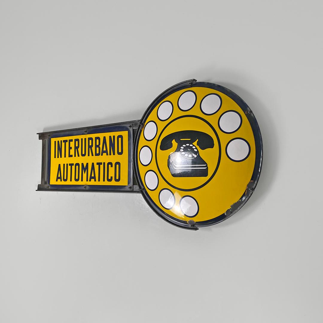 Italian mid-century modern yellow white and black metal telephone sign, 1960s In Fair Condition For Sale In MIlano, IT