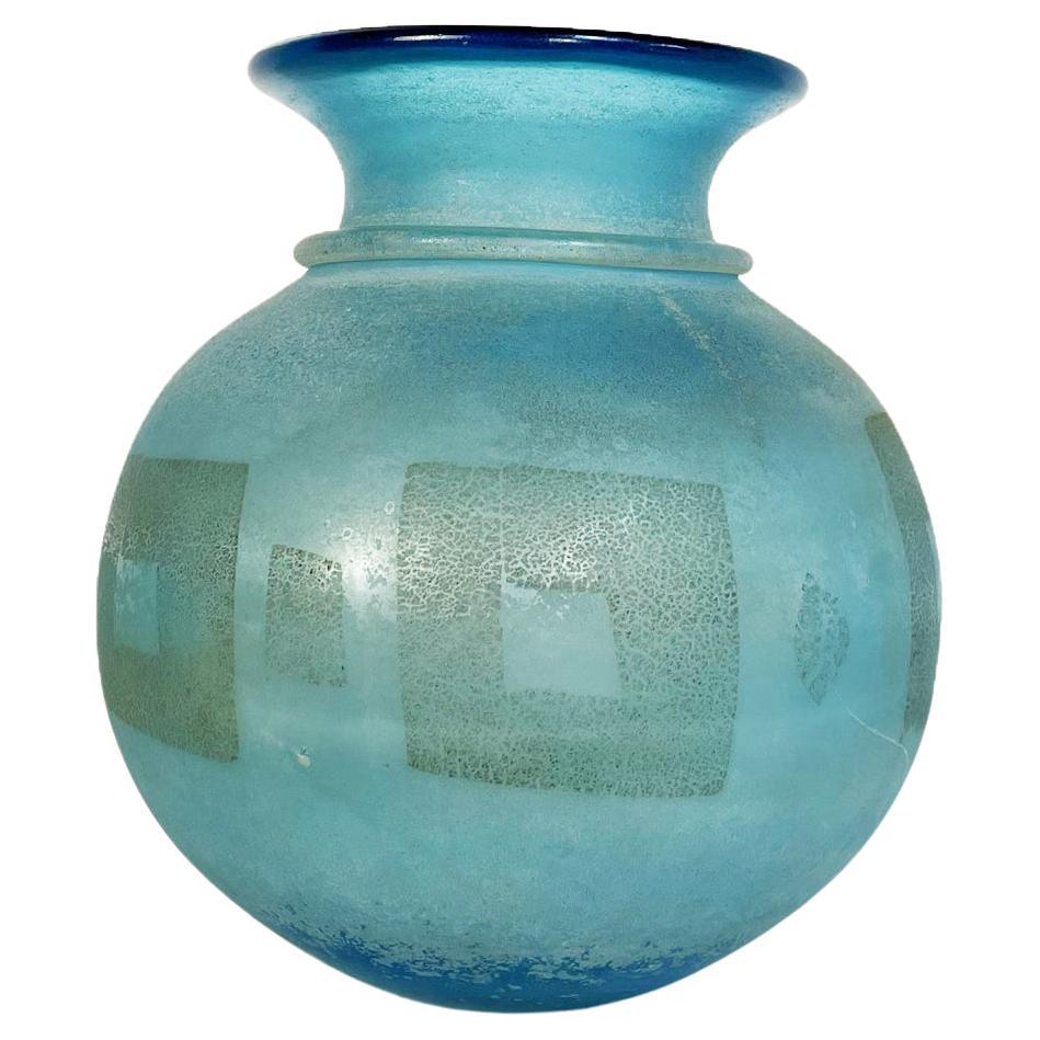 Italian Mid-Century ModernAquamarine Blue Glass Vase with Geometric Shapes, 1960s