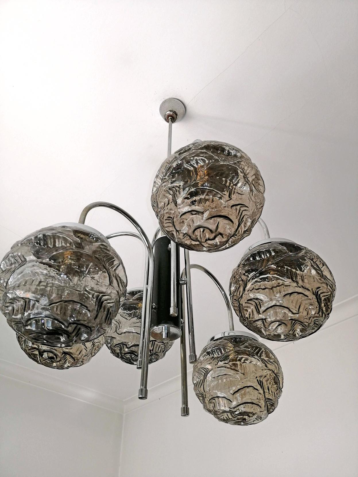 Italian Mid-Century Modernist Sputnik Murano Glass & Chrome 6-Light Chandelier For Sale 6