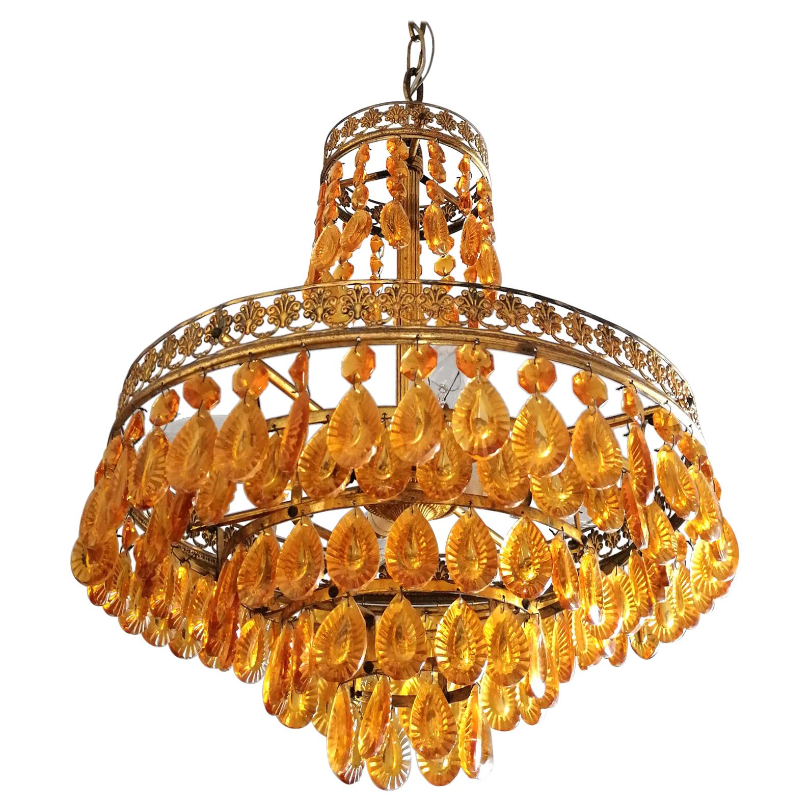 Italian Midcentury Murano Amber Glass Hollywood Regency Wedding Cake Chandelier