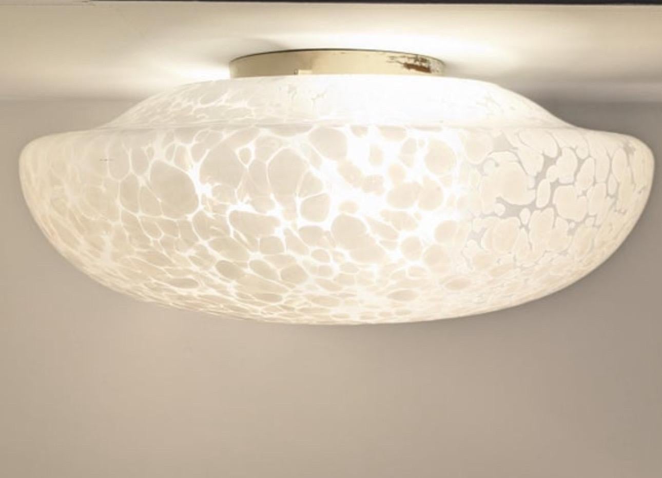 Italian Mid Century Murano Blown 'Maculato' White Flush Mounts Signed By Venini For Sale 5