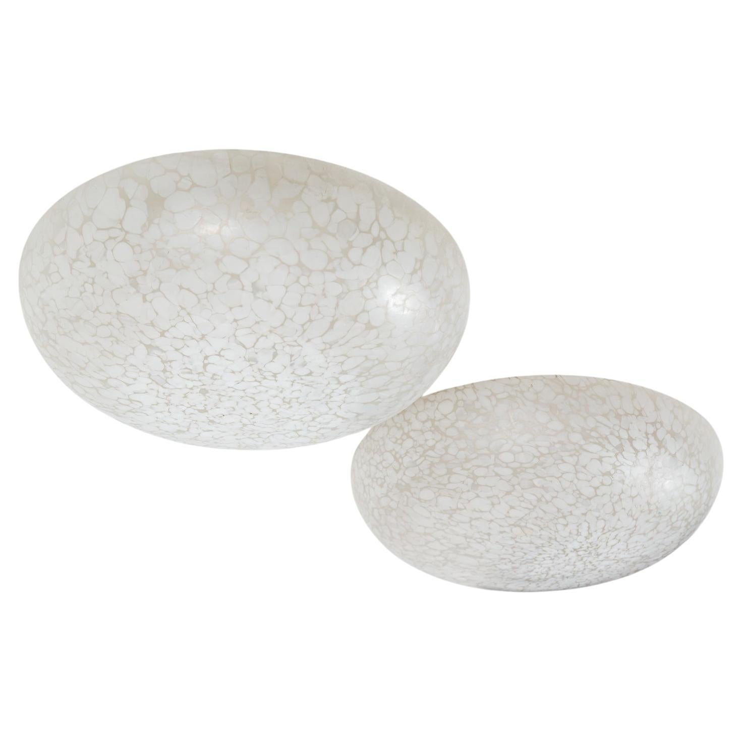 Italian Mid Century Murano Blown 'Maculato' White Flush Mounts Signed By Venini For Sale