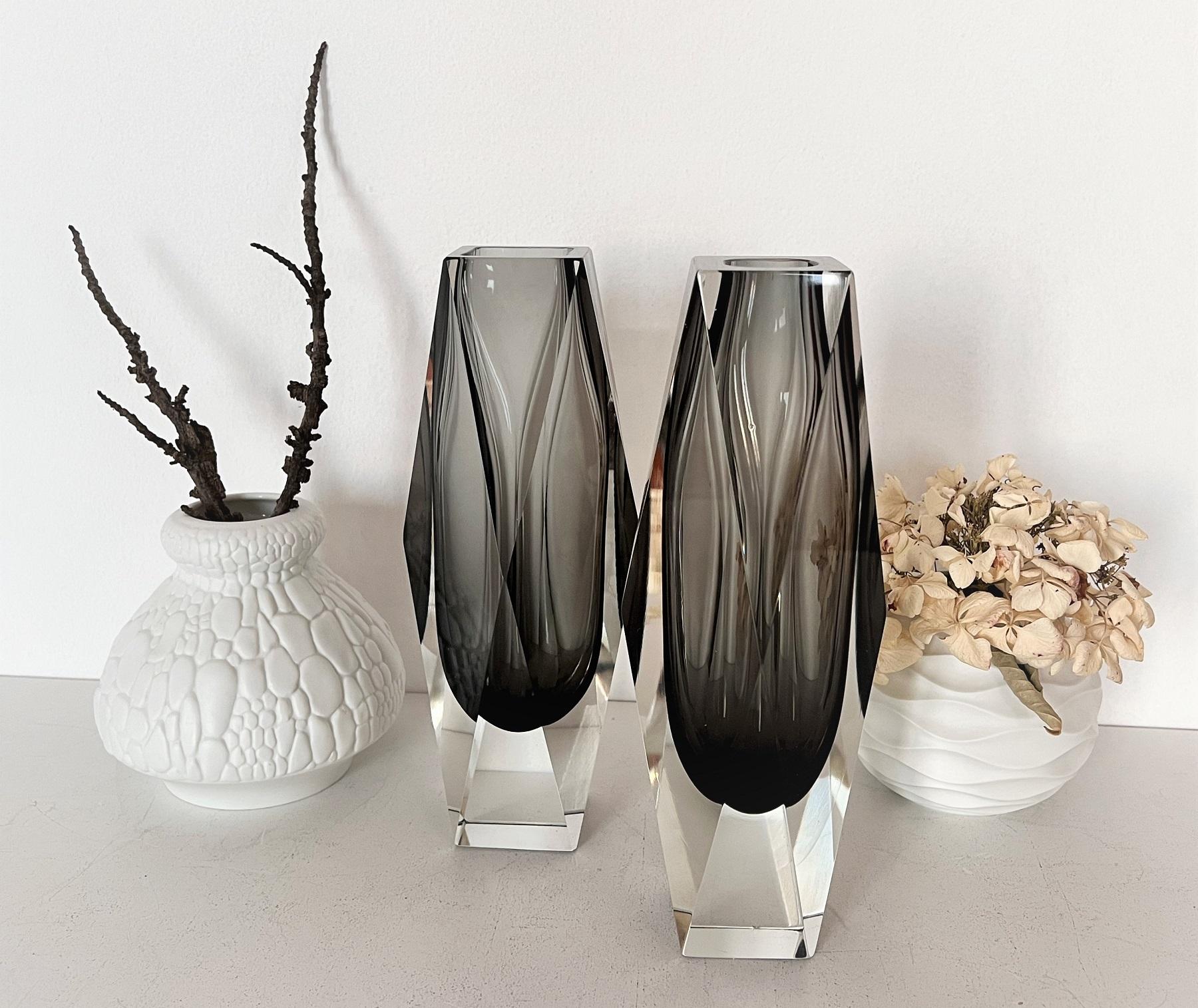 Beautiful set of two crystal vases Made in Murano, Italy, in the 1960s.
Typical shape and form of Flavio Poli.
Both vases have similar - same sizes and colors, but are slightly different in shape.
Matching excellent together in a nice set.
They