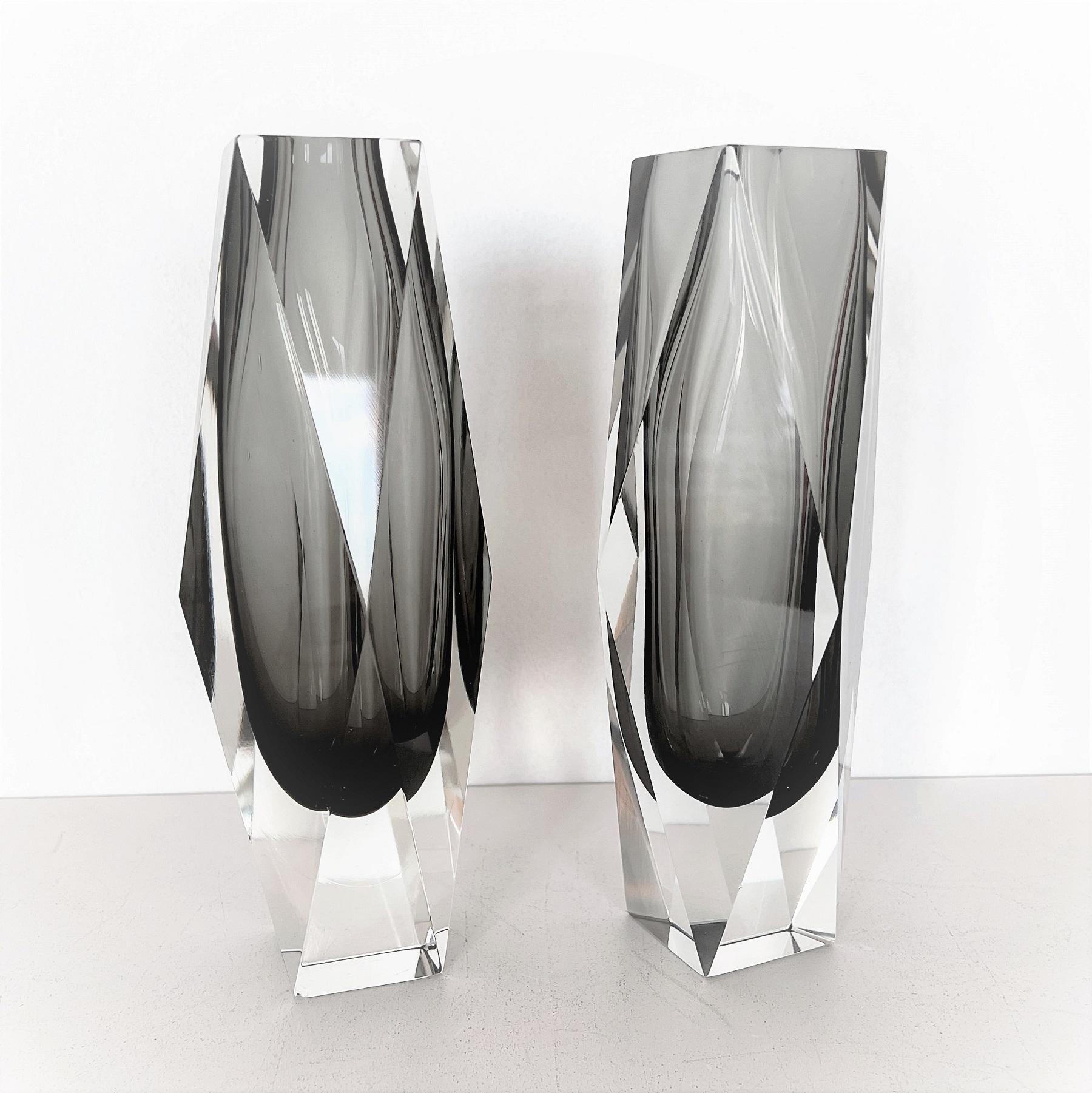 Mid-Century Modern Italian Mid-Century Murano Crystal Vase Set of 2 in Grey by Flavio Poli, 1970s For Sale