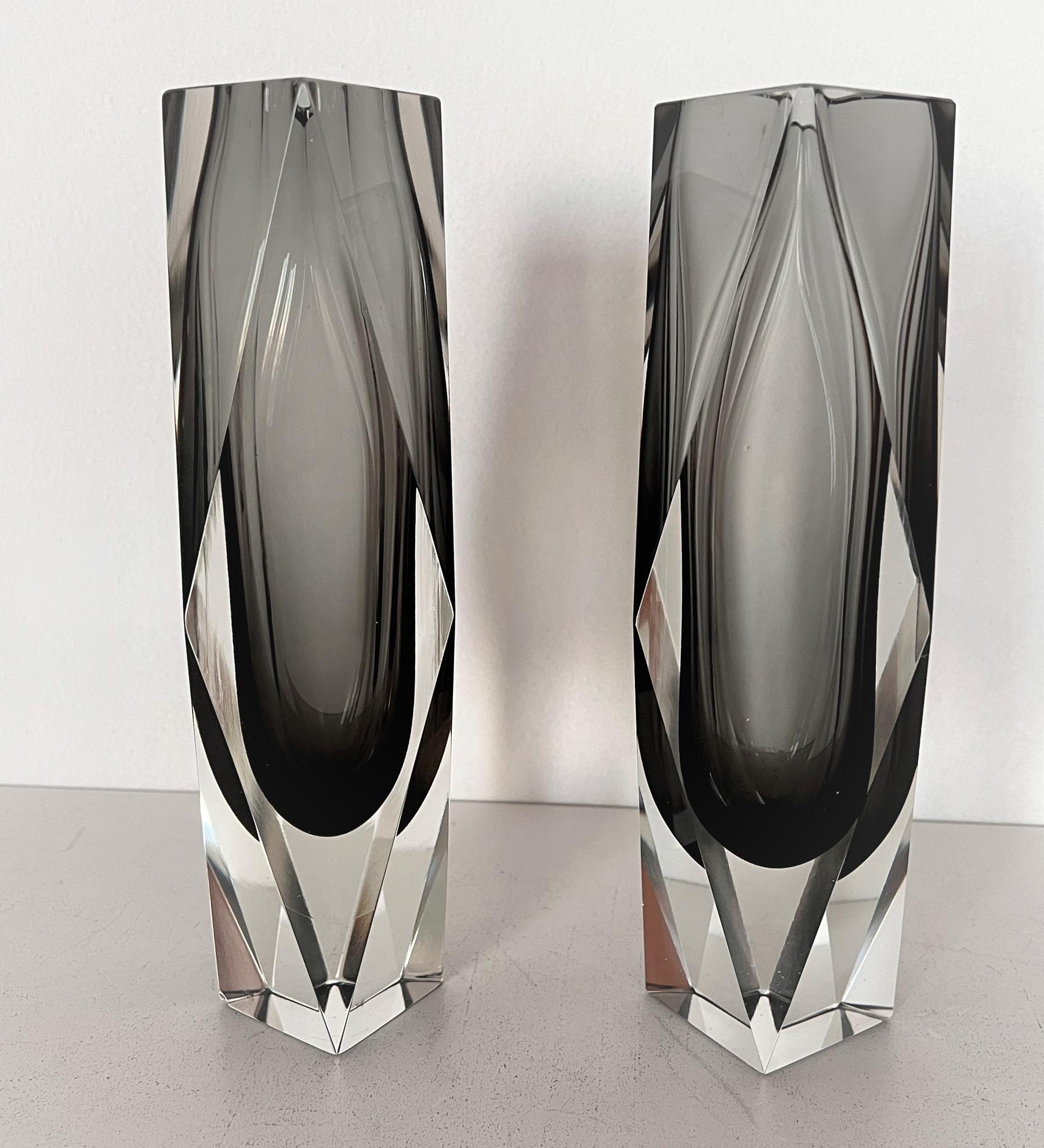 Mid-20th Century Italian Mid-Century Murano Crystal Vase Set of 2 in Grey by Flavio Poli, 1970s For Sale