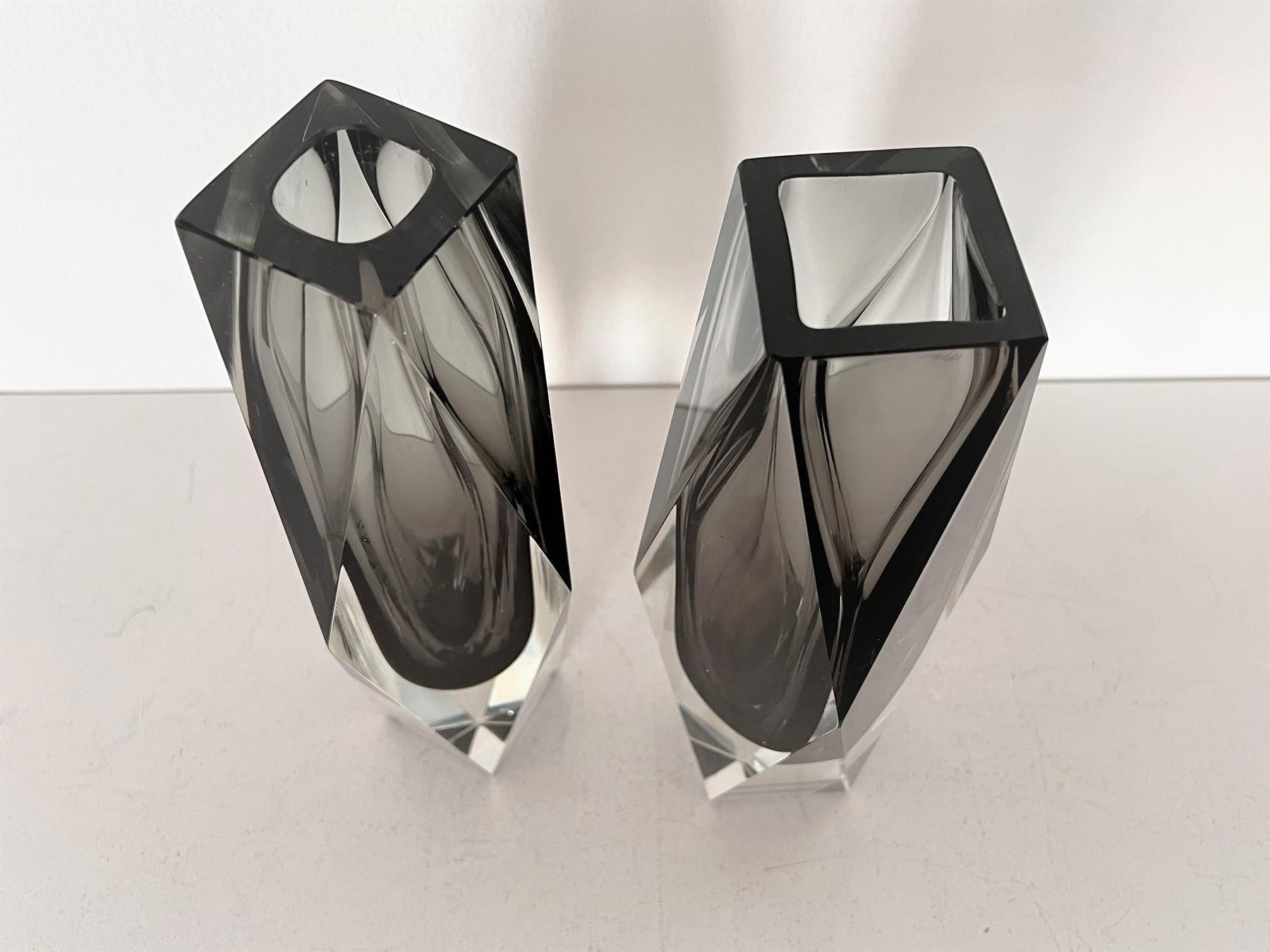 Murano Glass Italian Mid-Century Murano Crystal Vase Set of 2 in Grey by Flavio Poli, 1970s For Sale