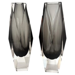 Italian Mid-Century Murano Crystal Vase Set of 2 in Grey by Flavio Poli, 1970s