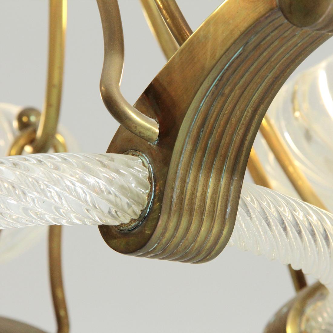 Italian Midcentury Murano Glass and Brass Chandelier, 1930s 4